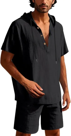 2 Piece Men Summer Sets Baggy Casual Linen V Neck Buttons Hoodies and Shorts Tracksuit Hippie Comfy Beach Outfits