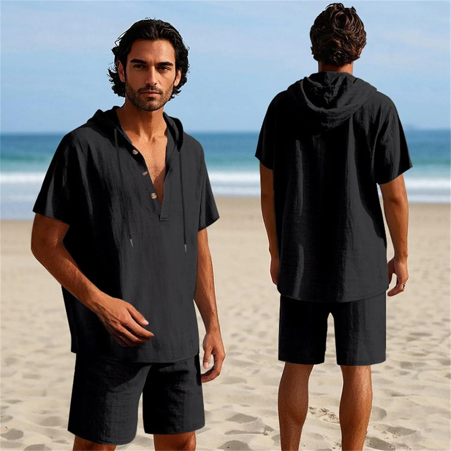 2 Piece Men Summer Sets Baggy Casual Linen V Neck Buttons Hoodies and Shorts Tracksuit Hippie Comfy Beach Outfits