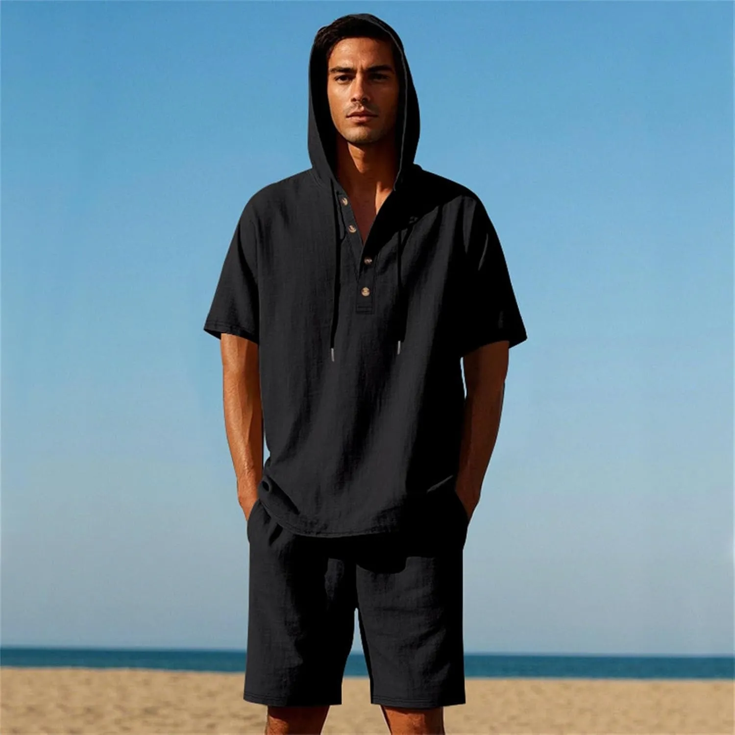2 Piece Men Summer Sets Baggy Casual Linen V Neck Buttons Hoodies and Shorts Tracksuit Hippie Comfy Beach Outfits
