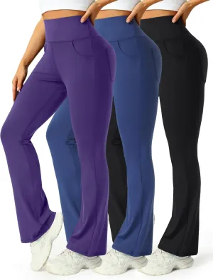 3 Packs Womens High Waist Flare Pants-Flare Yoga Pants，Yoga Pants with Pockets - High Waist and Wide Leg