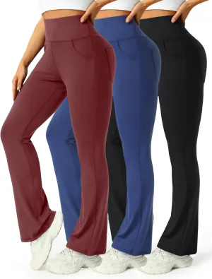 3 Packs Womens High Waist Flare Pants-Flare Yoga Pants，Yoga Pants with Pockets - High Waist and Wide Leg