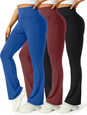 3 Packs Womens High Waist Flare Pants-Flare Yoga Pants，Yoga Pants with Pockets - High Waist and Wide Leg