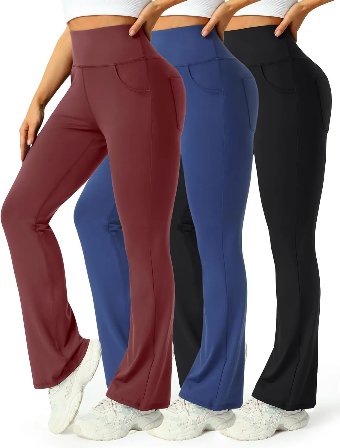 3 Packs Womens High Waist Flare Pants-Flare Yoga Pants，Yoga Pants with Pockets - High Waist and Wide Leg