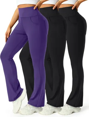 3 Packs Womens High Waist Flare Pants-Flare Yoga Pants，Yoga Pants with Pockets - High Waist and Wide Leg