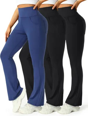 3 Packs Womens High Waist Flare Pants-Flare Yoga Pants，Yoga Pants with Pockets - High Waist and Wide Leg