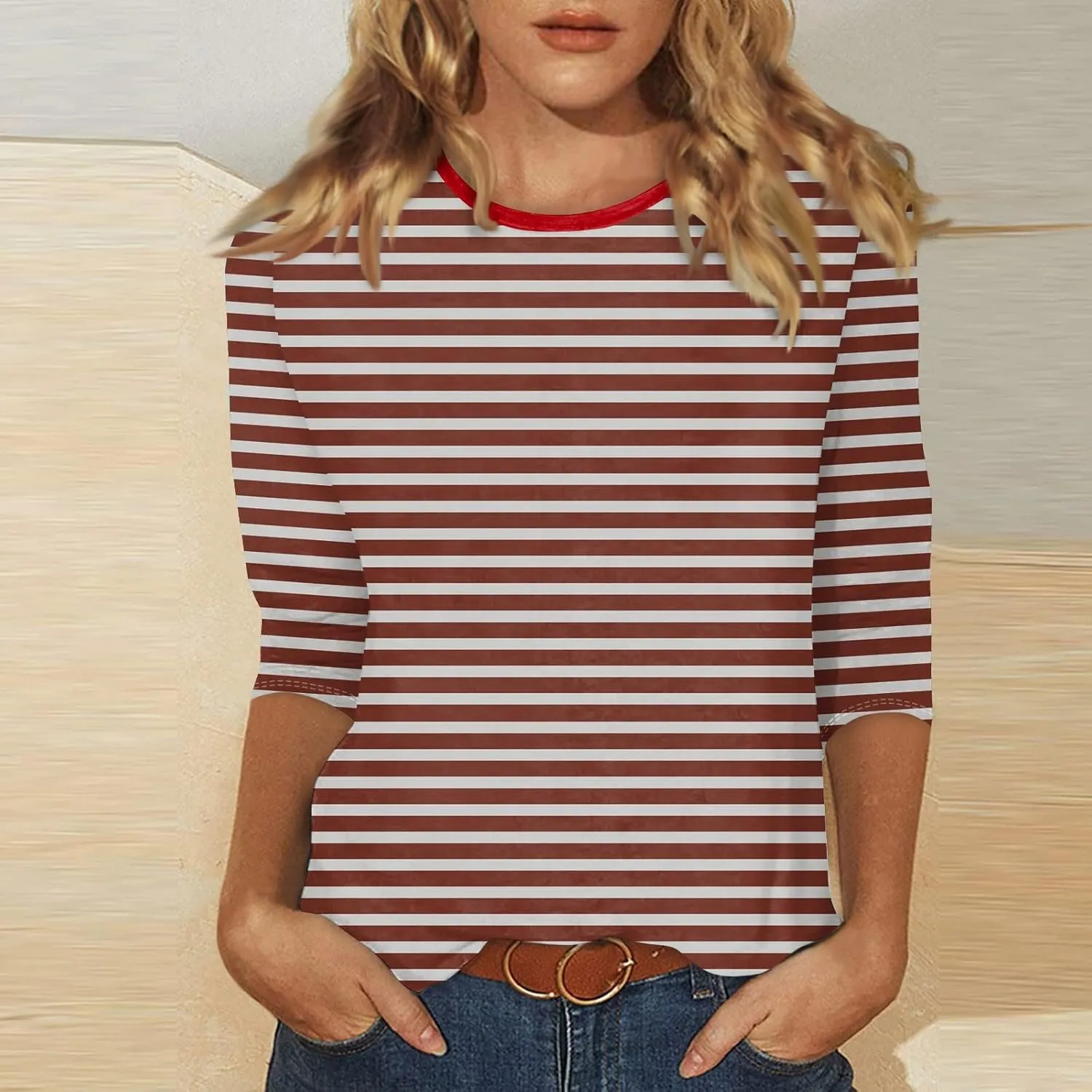 3/4 Length Sleeve Womens Tops Plus Size,Basic Elbow Sleeve Workout Top Striped Shirt Crew Neck 3 Quarter Sleeve Tees