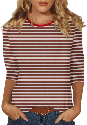 3/4 Length Sleeve Womens Tops Plus Size,Basic Elbow Sleeve Workout Top Striped Shirt Crew Neck 3 Quarter Sleeve Tees