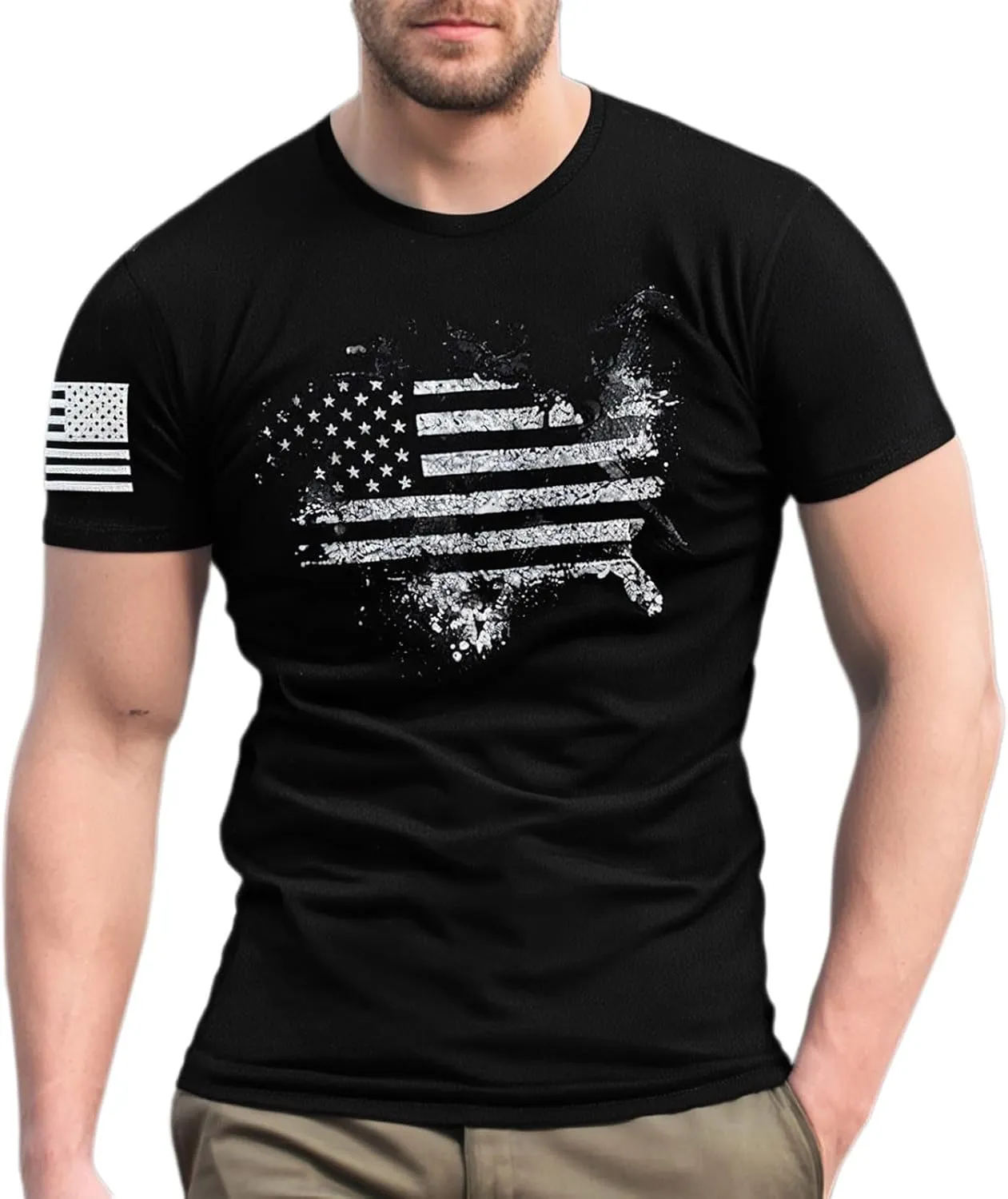 American Flag T-Shirts for Men Retro USA Star Print Sweat Shirts Stretch Slim Muscle Shirt Gym Bodybuilding Tee Tops