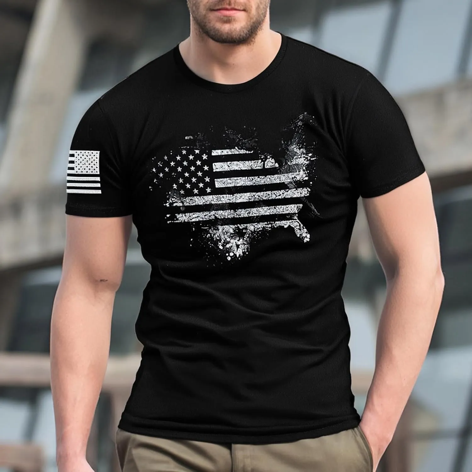 American Flag T-Shirts for Men Retro USA Star Print Sweat Shirts Stretch Slim Muscle Shirt Gym Bodybuilding Tee Tops