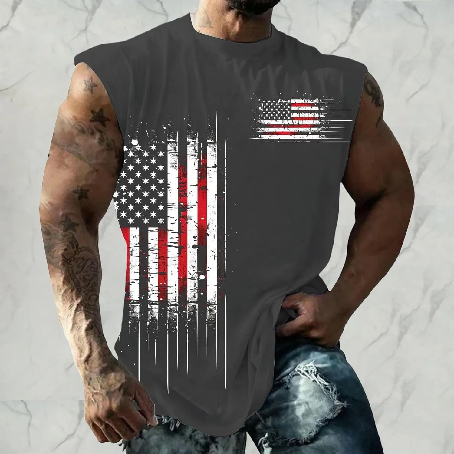 Big and Tall Tank Tops Men American Flag Printed Sleeveless Muscle Patriotic Shirts Vintage Striped Stars Graphic T