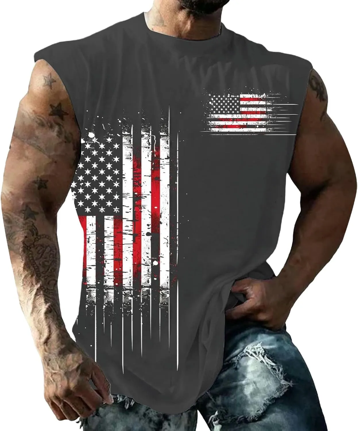 Big and Tall Tank Tops Men American Flag Printed Sleeveless Muscle Patriotic Shirts Vintage Striped Stars Graphic T