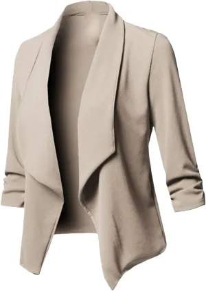 Blazers for Women Stretch 3/4 Gathered Sleeve Open Blazer Jacket Classic Draped Open Front Lightweight Blazer Tops