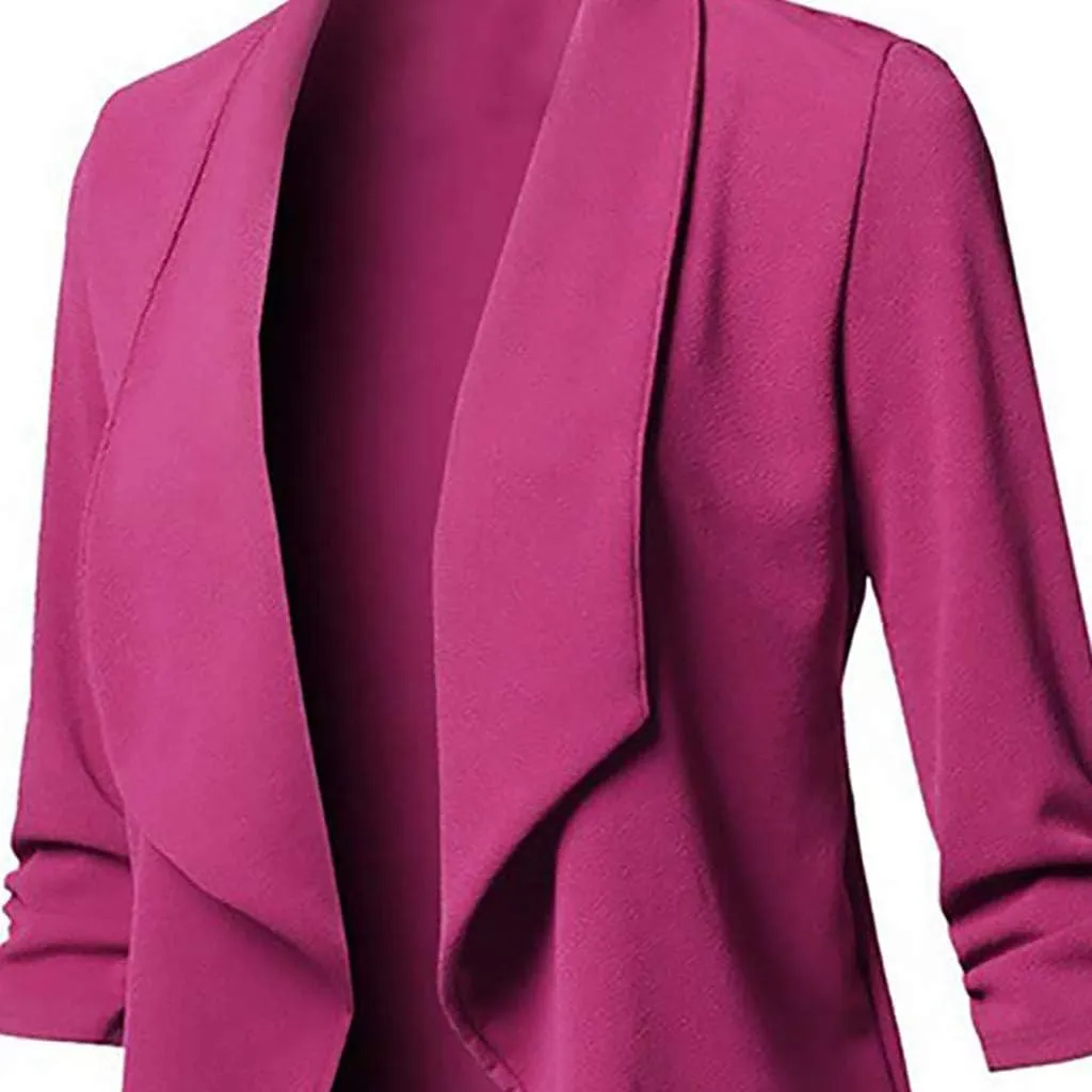 Blazers for Women,Stretch 3/4 Gathered Sleeve Open Blazer Jacket Classic Draped Open Front Lightweight Blazer Tops