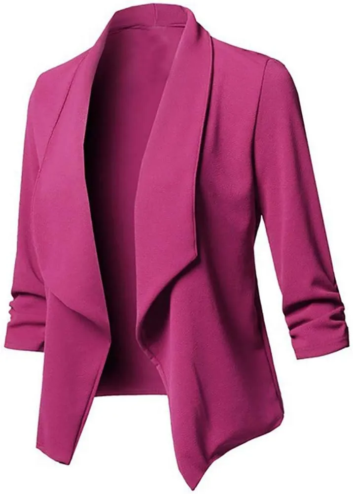 Blazers for Women,Stretch 3/4 Gathered Sleeve Open Blazer Jacket Classic Draped Open Front Lightweight Blazer Tops