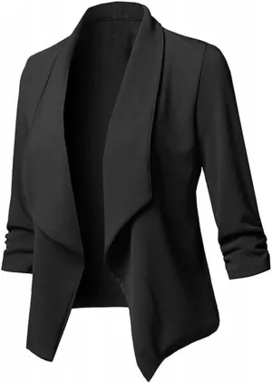 Blazers for Women,Stretch 3/4 Gathered Sleeve Open Blazer Jacket Classic Draped Open Front Lightweight Blazer Tops