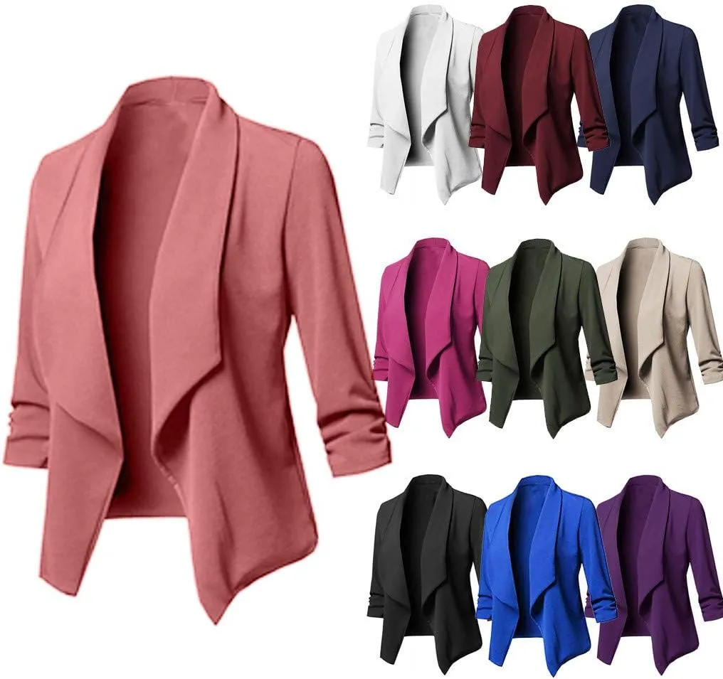 Blazers for Women,Stretch 3/4 Gathered Sleeve Open Blazer Jacket Classic Draped Open Front Lightweight Blazer Tops