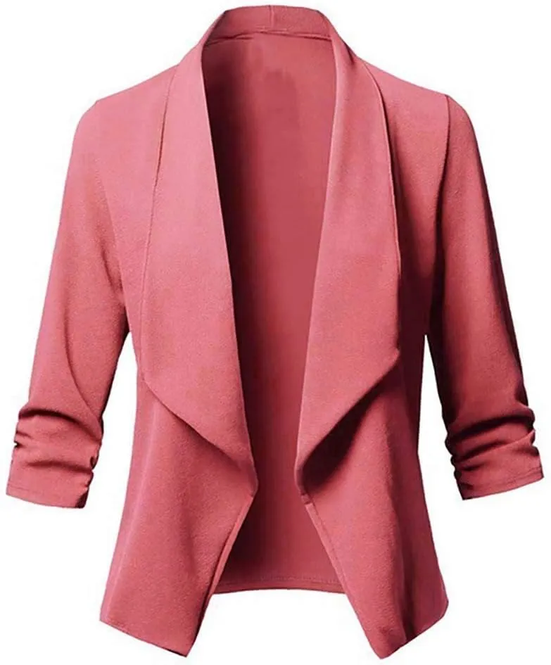 Blazers for Women,Stretch 3/4 Gathered Sleeve Open Blazer Jacket Classic Draped Open Front Lightweight Blazer Tops