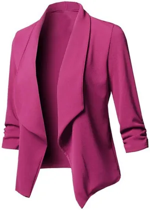 Blazers for Women,Stretch 3/4 Gathered Sleeve Open Blazer Jacket Classic Draped Open Front Lightweight Blazer Tops