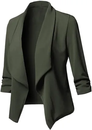 Blazers for Women,Stretch 3/4 Gathered Sleeve Open Blazer Jacket Classic Draped Open Front Lightweight Blazer Tops