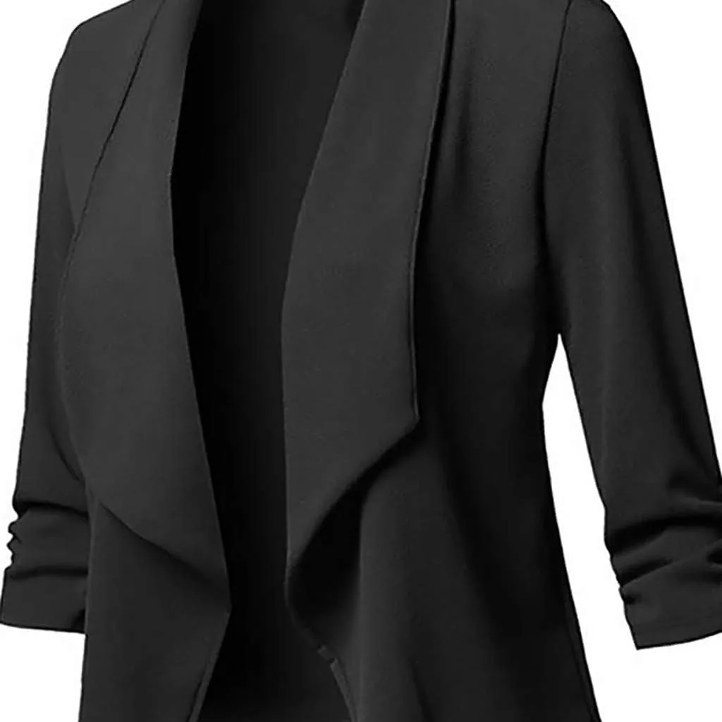 Blazers for Women,Stretch 3/4 Gathered Sleeve Open Blazer Jacket Classic Draped Open Front Lightweight Blazer Tops