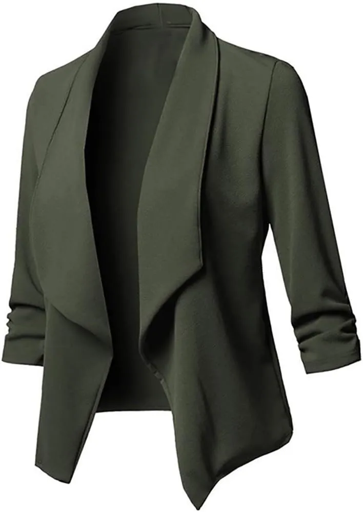 Blazers for Women,Stretch 3/4 Gathered Sleeve Open Blazer Jacket Classic Draped Open Front Lightweight Blazer Tops