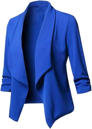 Blazers for Women,Stretch 3/4 Gathered Sleeve Open Blazer Jacket Classic Draped Open Front Lightweight Blazer Tops