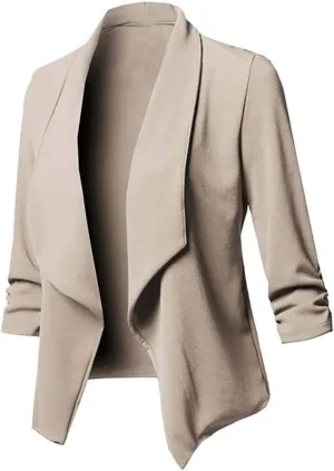 Blazers for Women,Stretch 3/4 Gathered Sleeve Open Blazer Jacket Classic Draped Open Front Lightweight Blazer Tops