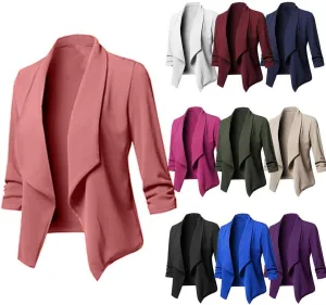 Blazers for Women,Stretch 3/4 Gathered Sleeve Open Blazer Jacket Classic Draped Open Front Lightweight Blazer Tops