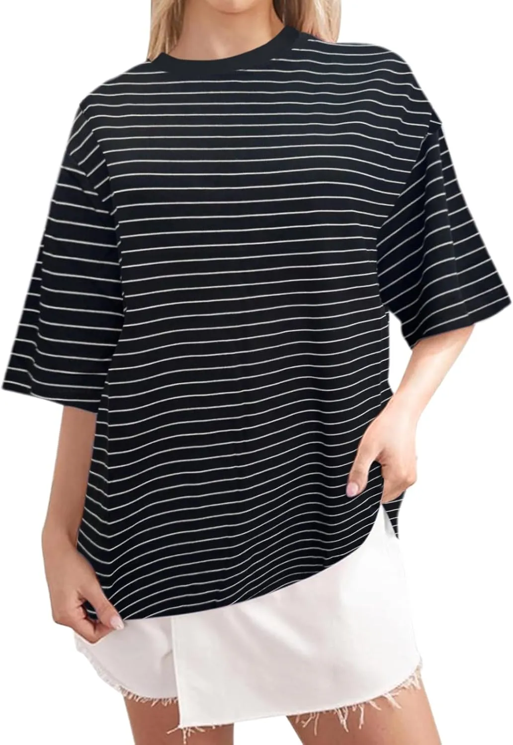 Bobeutou Women Oversized Striped Color Block Tshirt Crew Neck Short Sleeve T-Shirts Basic Shirt Casual Loose Tee Top