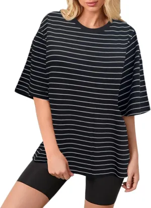 Bobeutou Women Oversized Striped Color Block Tshirt Crew Neck Short Sleeve T-Shirts Basic Shirt Casual Loose Tee Top