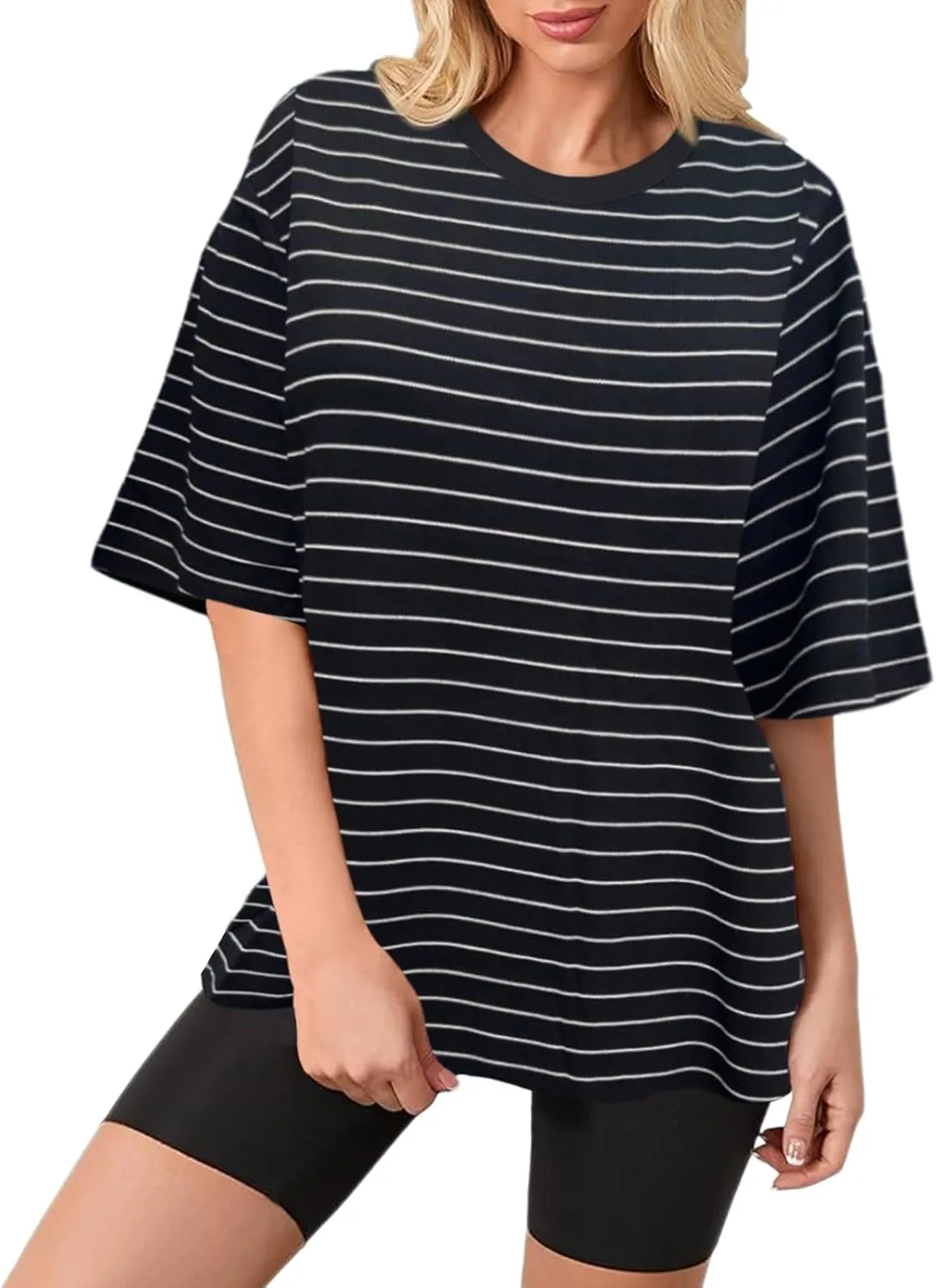 Bobeutou Women Oversized Striped Color Block Tshirt Crew Neck Short Sleeve T-Shirts Basic Shirt Casual Loose Tee Top