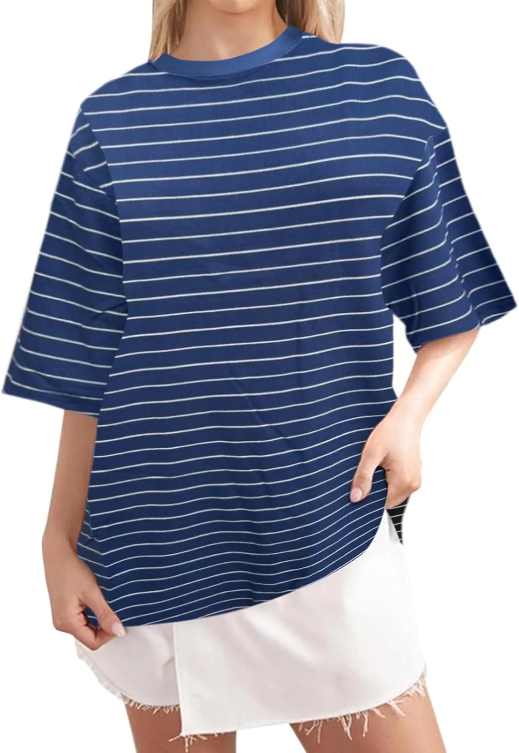 Bobeutou Women Oversized Striped Tshirt Color Block Crew Neck Short Sleeve T-Shirts Basic Shirt Loose Casual Tee Tops