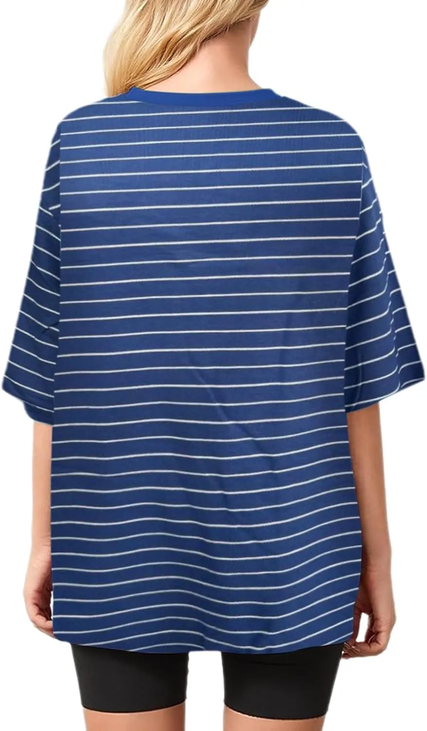 Bobeutou Women Oversized Striped Tshirt Color Block Crew Neck Short Sleeve T-Shirts Basic Shirt Loose Casual Tee Tops