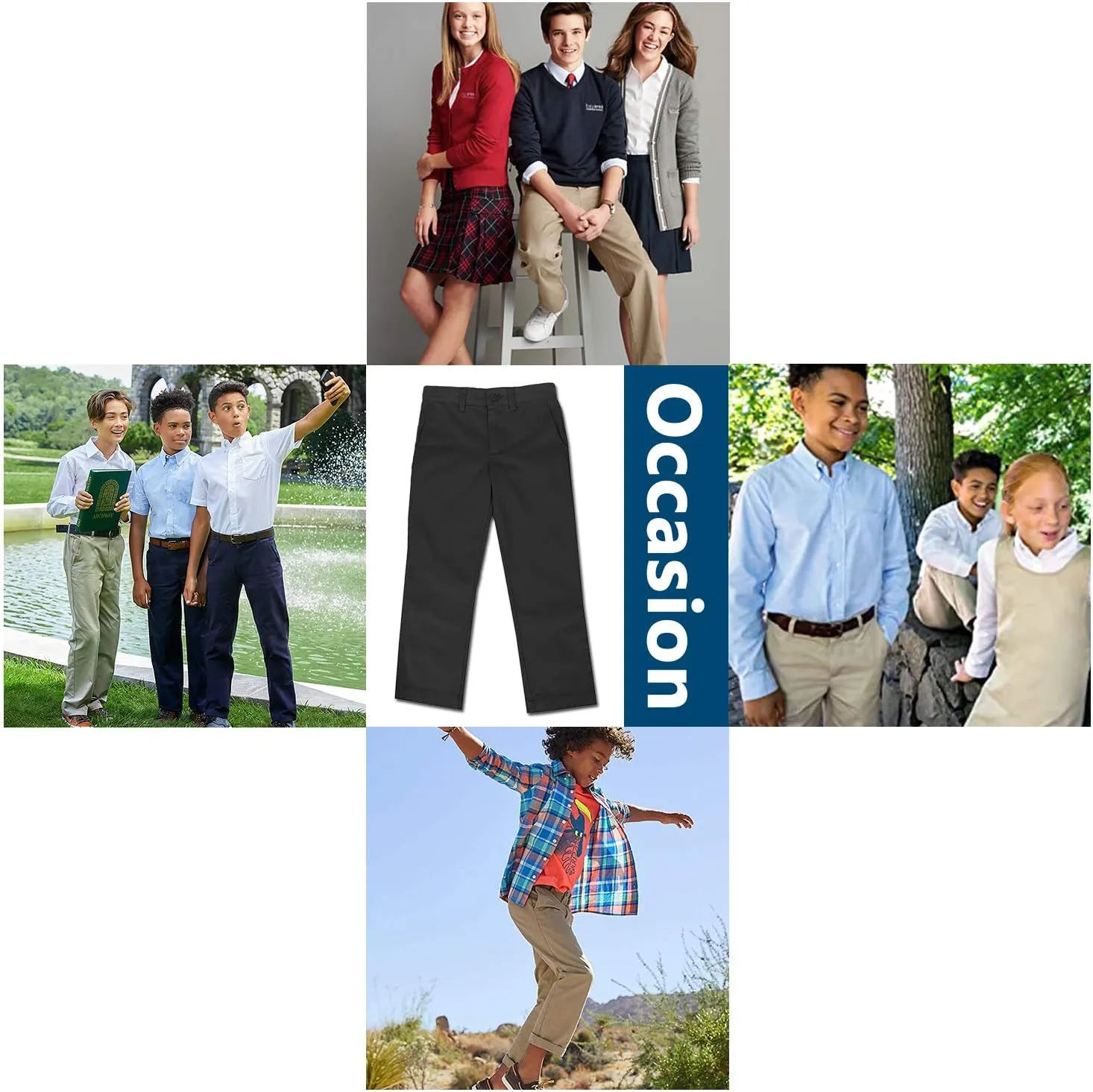 Boy's Double Knee Slim Fit School Uniform Pants