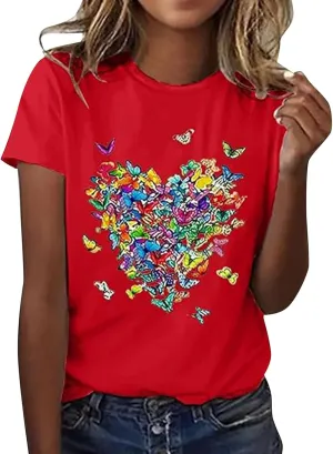 Butterfly Printed Tops for Women Baggy Oversize Short Sleeve T Shirts Crew Neck Casual Trendy Cooling Comfort Pullover