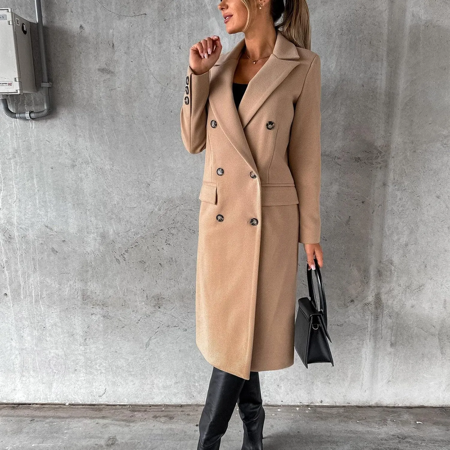 BZGTZT Women's Winter Wool Blend Coats Elegant Notch Lapel Trench Coat Long Jacket Ladies Work Double Breasted Maxi Overcoat