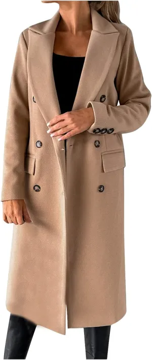 BZGTZT Women's Winter Wool Blend Coats Elegant Notch Lapel Trench Coat Long Jacket Ladies Work Double Breasted Maxi Overcoat