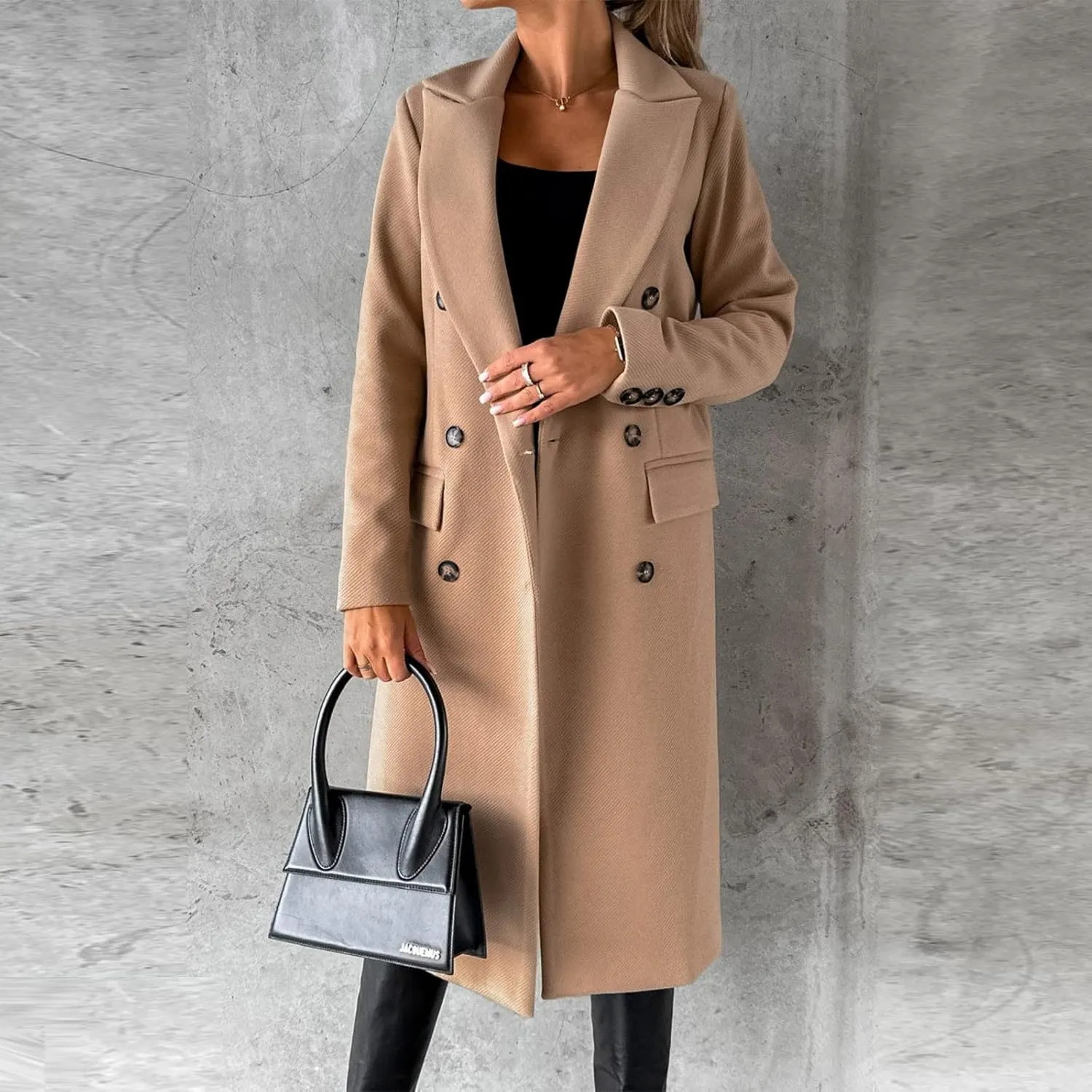 BZGTZT Women's Winter Wool Blend Coats Elegant Notch Lapel Trench Coat Long Jacket Ladies Work Double Breasted Maxi Overcoat