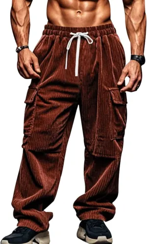 Casual Corduroy Pants for Men Drawstring Stretch Cargo Sweatpants Relaxed Fit Wide Leg Trousers with Multiple Pockets