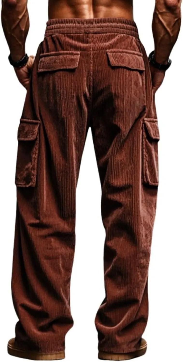 Casual Corduroy Pants for Men Drawstring Stretch Cargo Sweatpants Relaxed Fit Wide Leg Trousers with Multiple Pockets