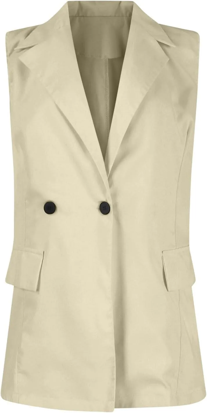 Casual Vest Jacket for Women Summer Lapel Button Down Sleeveless Long Blazers Business Slim Fit Office Work Jackets