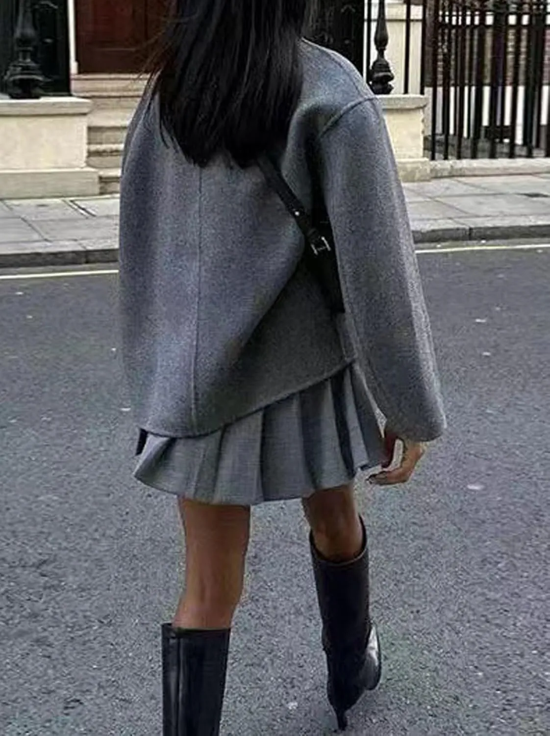 CHARTOU Women Winter Stand Collar Wool Blend Jacket Double Breasted Pea Coat Button Cropped Trench Coat Overcoat