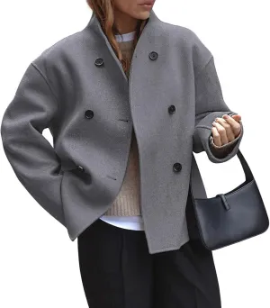 CHARTOU Women Winter Stand Collar Wool Blend Jacket Double Breasted Pea Coat Button Cropped Trench Coat Overcoat