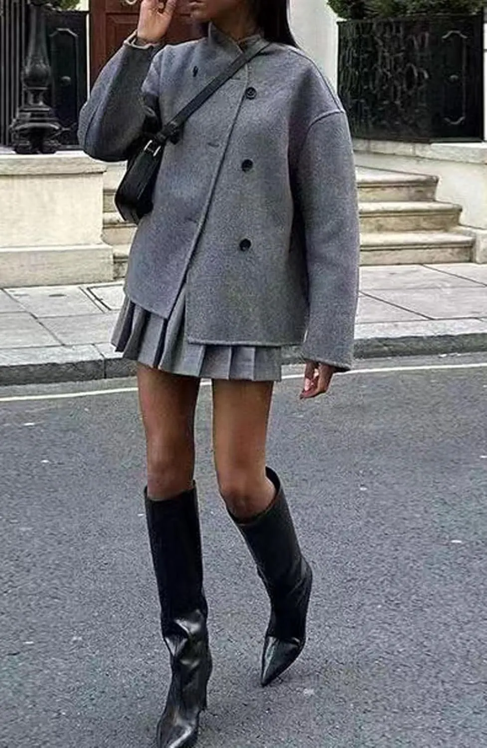 CHARTOU Women Winter Stand Collar Wool Blend Jacket Double Breasted Pea Coat Button Cropped Trench Coat Overcoat