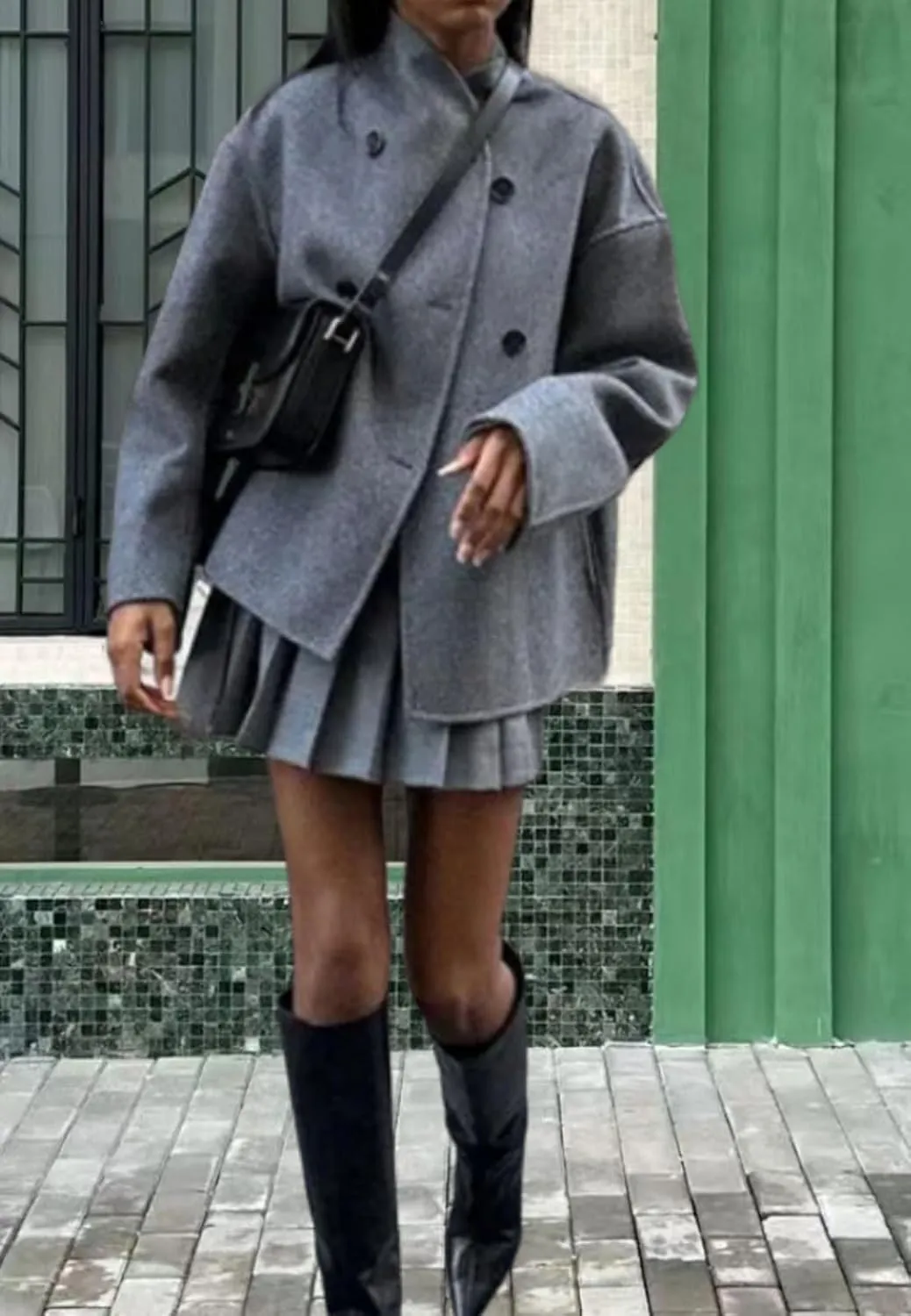 CHARTOU Women Winter Stand Collar Wool Blend Jacket Double Breasted Pea Coat Button Cropped Trench Coat Overcoat