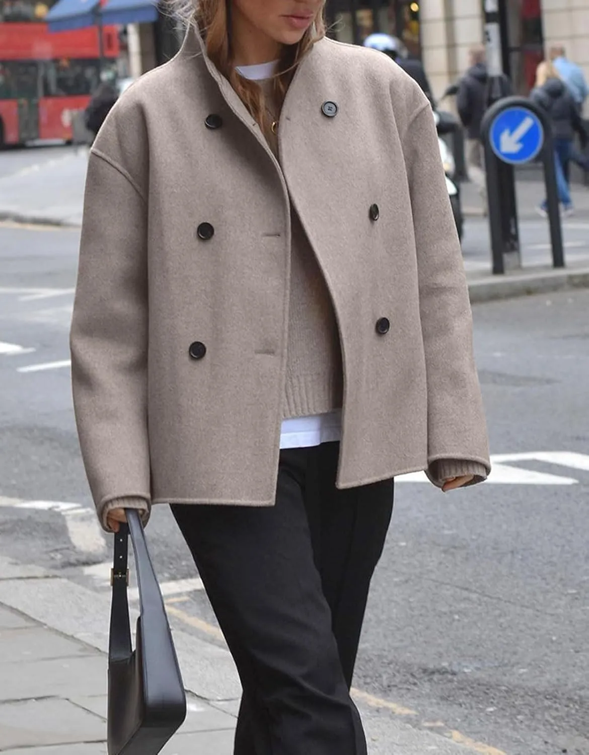 CHARTOU Women Winter Stand Collar Wool Blend Jacket Double Breasted Pea Coat Button Cropped Trench Coat Overcoat