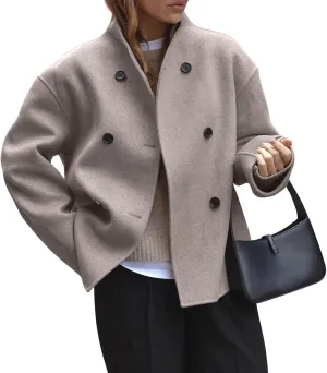 CHARTOU Women Winter Stand Collar Wool Blend Jacket Double Breasted Pea Coat Button Cropped Trench Coat Overcoat