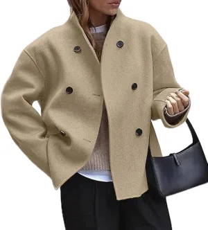 CHARTOU Women Winter Stand Collar Wool Blend Jacket Double Breasted Pea Coat Button Cropped Trench Coat Overcoat