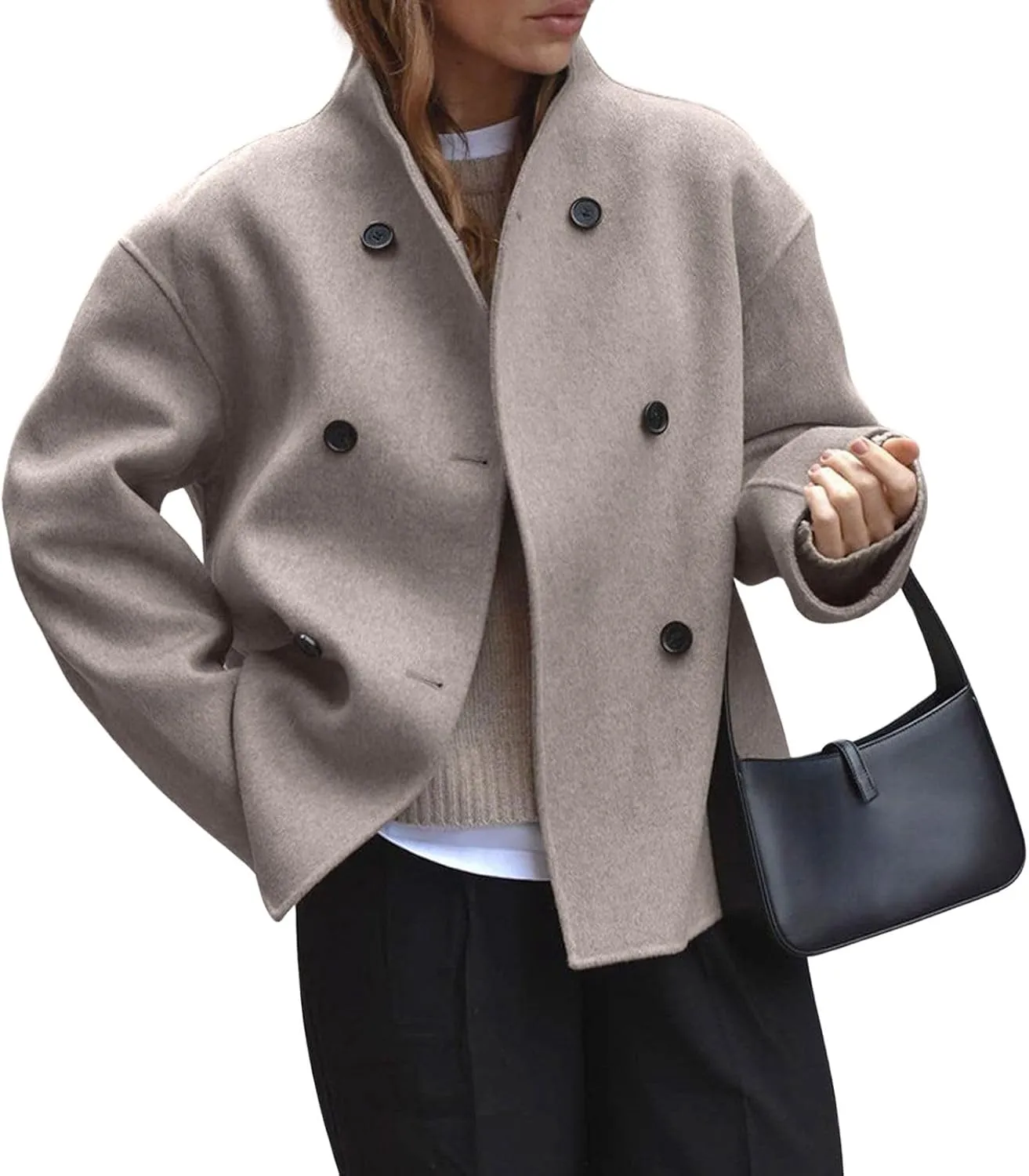 CHARTOU Women Winter Stand Collar Wool Blend Jacket Double Breasted Pea Coat Button Cropped Trench Coat Overcoat