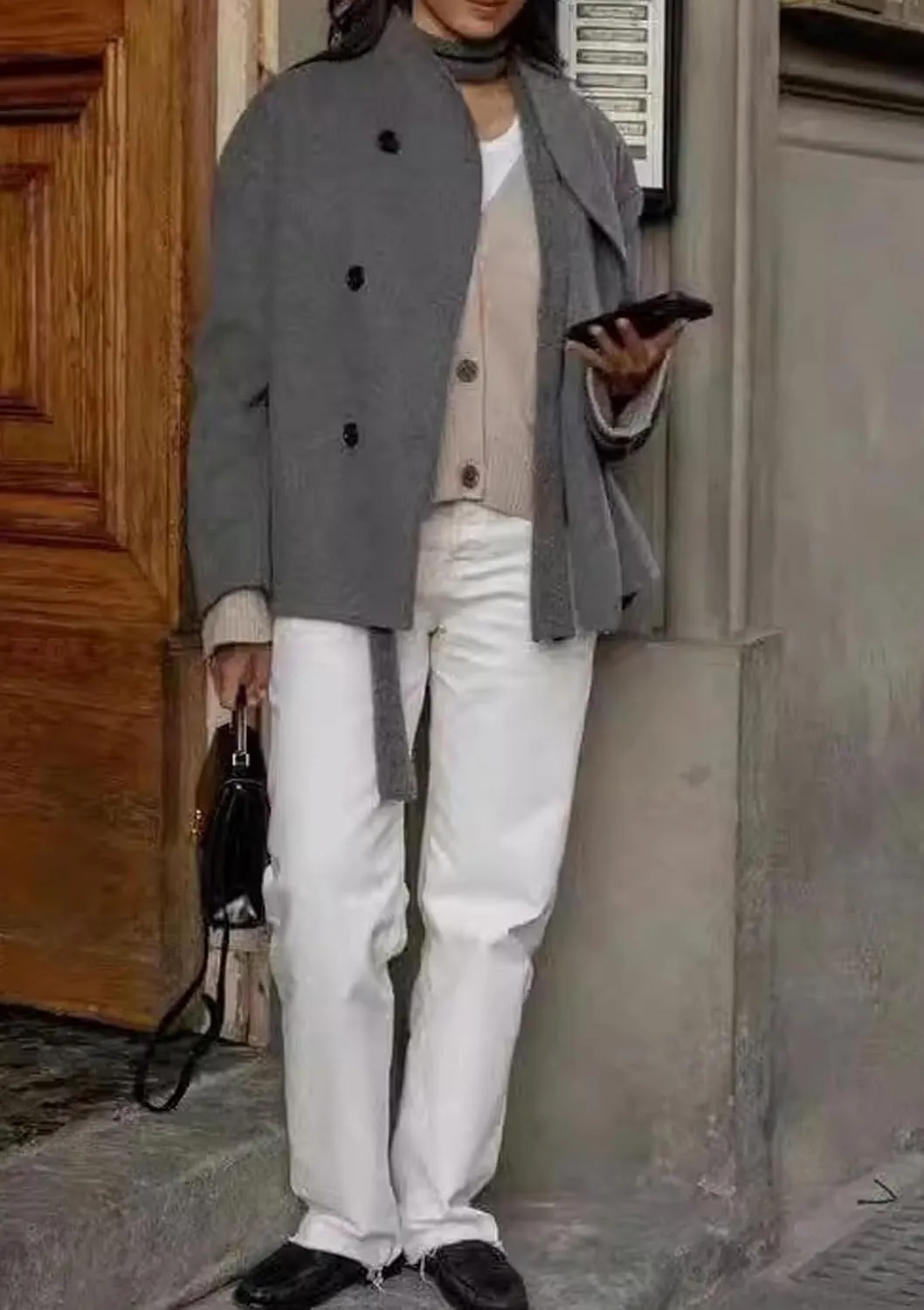 CHARTOU Women Winter Stand Collar Wool Blend Jacket Double Breasted Pea Coat Button Cropped Trench Coat Overcoat